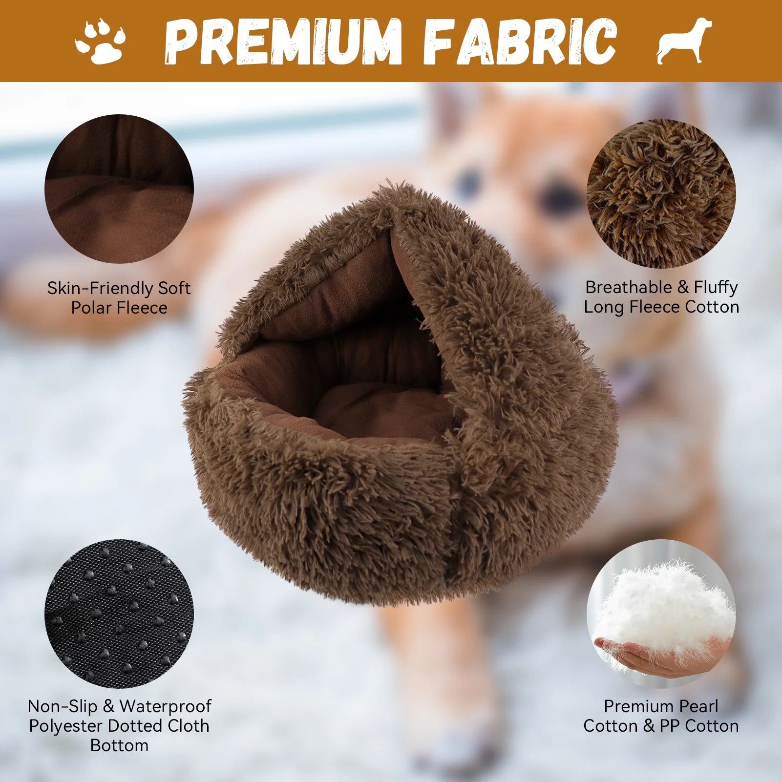 Round Dog Cave Bed - Self Warming Dog Bed, Pet Bed, Cat Bed, Pet House for Small Dogs Cats, Brown