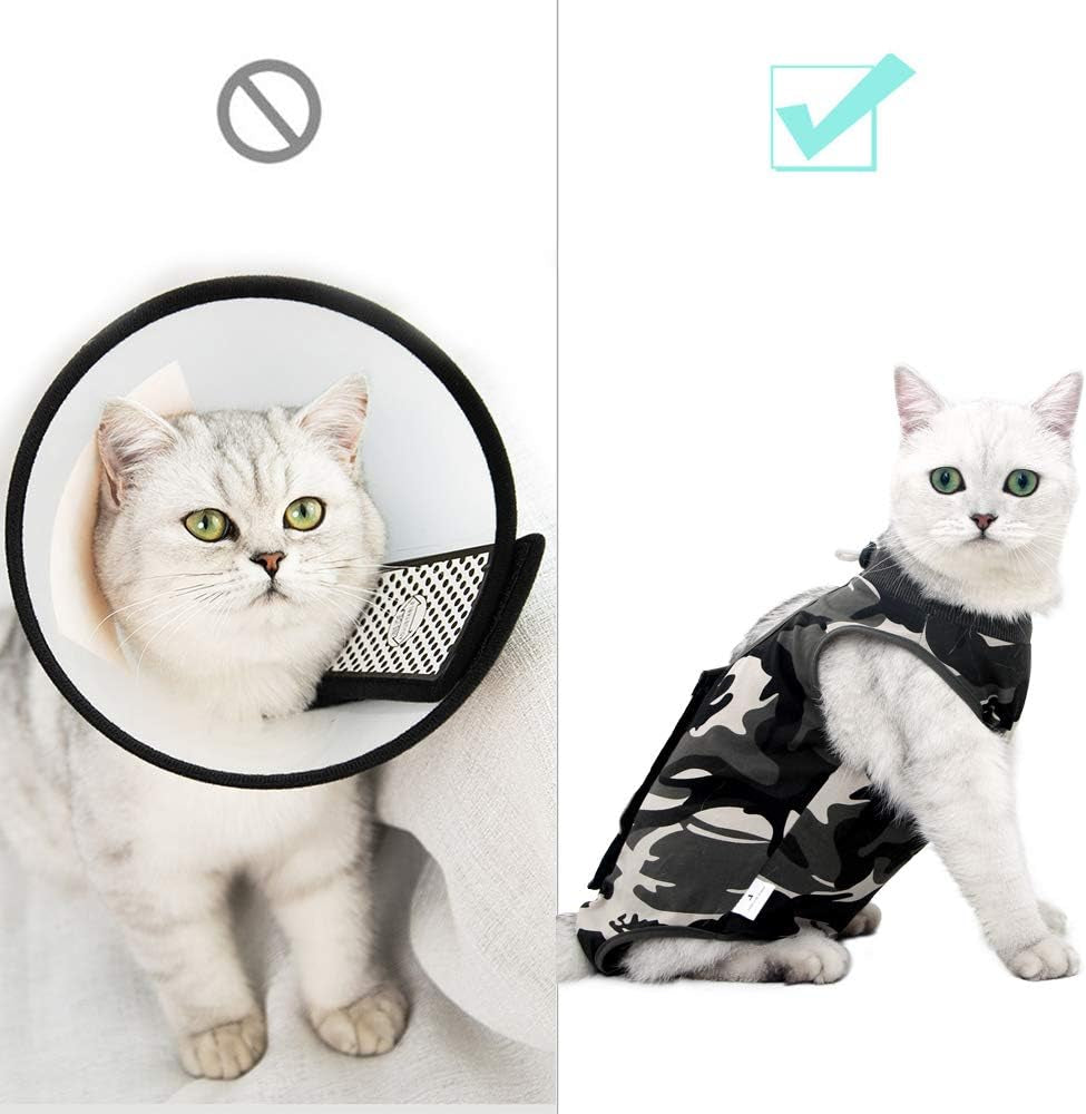 Cat Recovery Suit for Male and Female Surgical Post Surgery Soft Cone Onesie Shirt Clothes Neuter Licking Protective Diapers Outfit Cover Kitten Spay Collar(M, Camouflage)