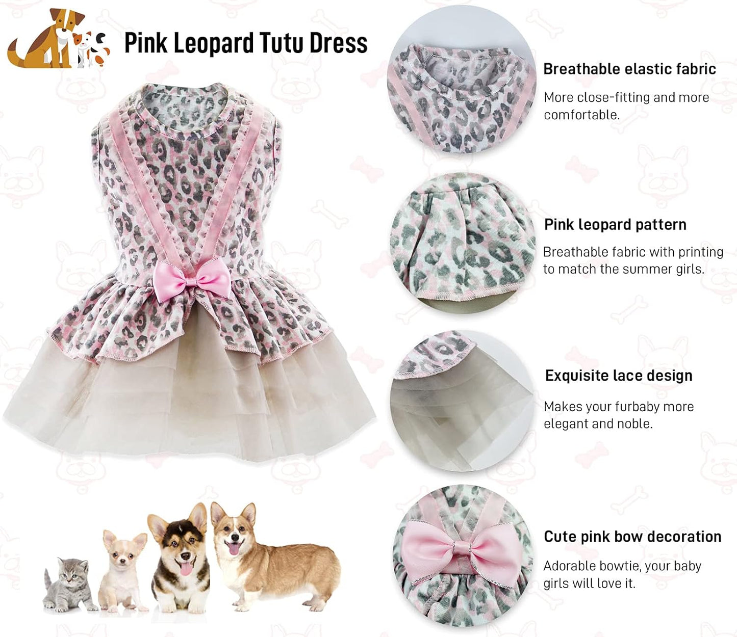 Small Dog Dress - Cute Dog Clothes Dog Tutus Dog Apparel Puppy Outfits Puppy Dresses for Girl Small Dogs (Pink Leopard, M(7-12Lb))