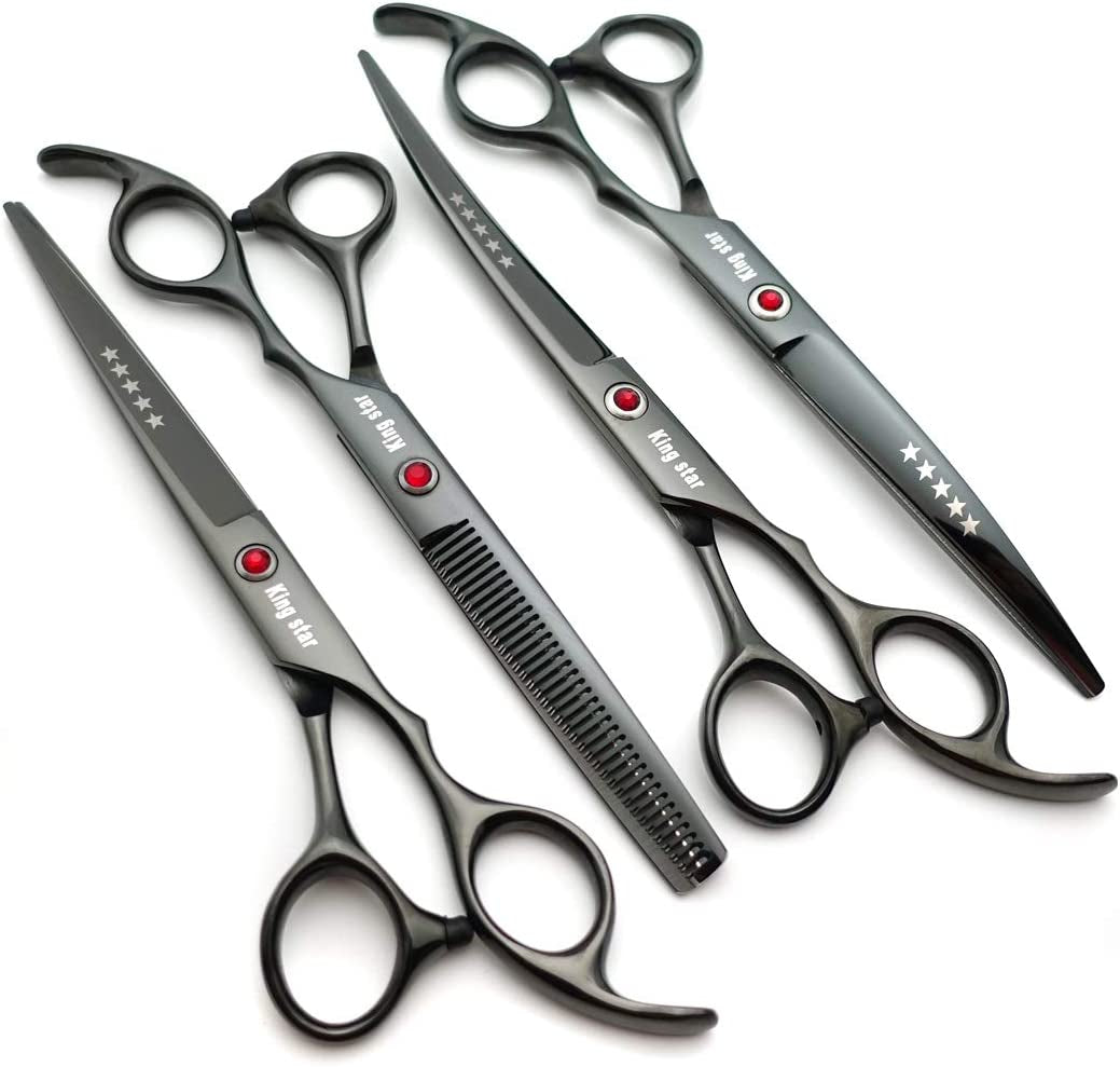 7.0In Titanium Black Professional Pet Grooming Scissors Set,Straight & Thinning & Curved Scissors 4Pcs Set for Dog Grooming,(Black)