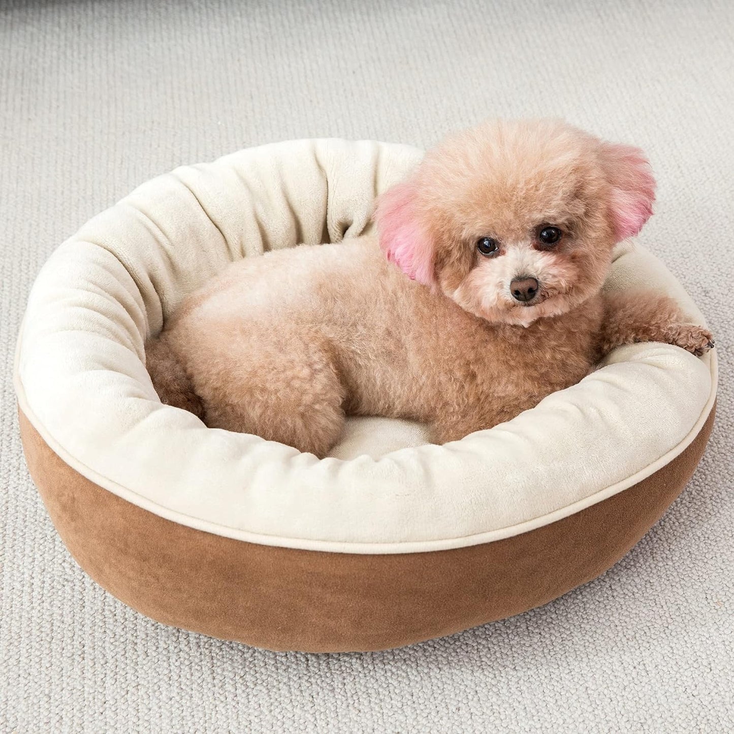 Round Bolster Dog or Cat Bed Donut Pet Bed Pet Supplies Machine Washable Pet Sofa 28X28 Brown