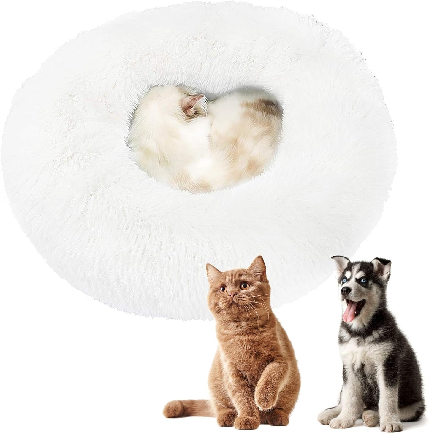 Calming Dog Bed Washable, for Small Medium Large Dogs, Comfortable Donut Cuddler Ultra Soft Warming Indoor round Sleeping Dog Beds White 23.6 Inch