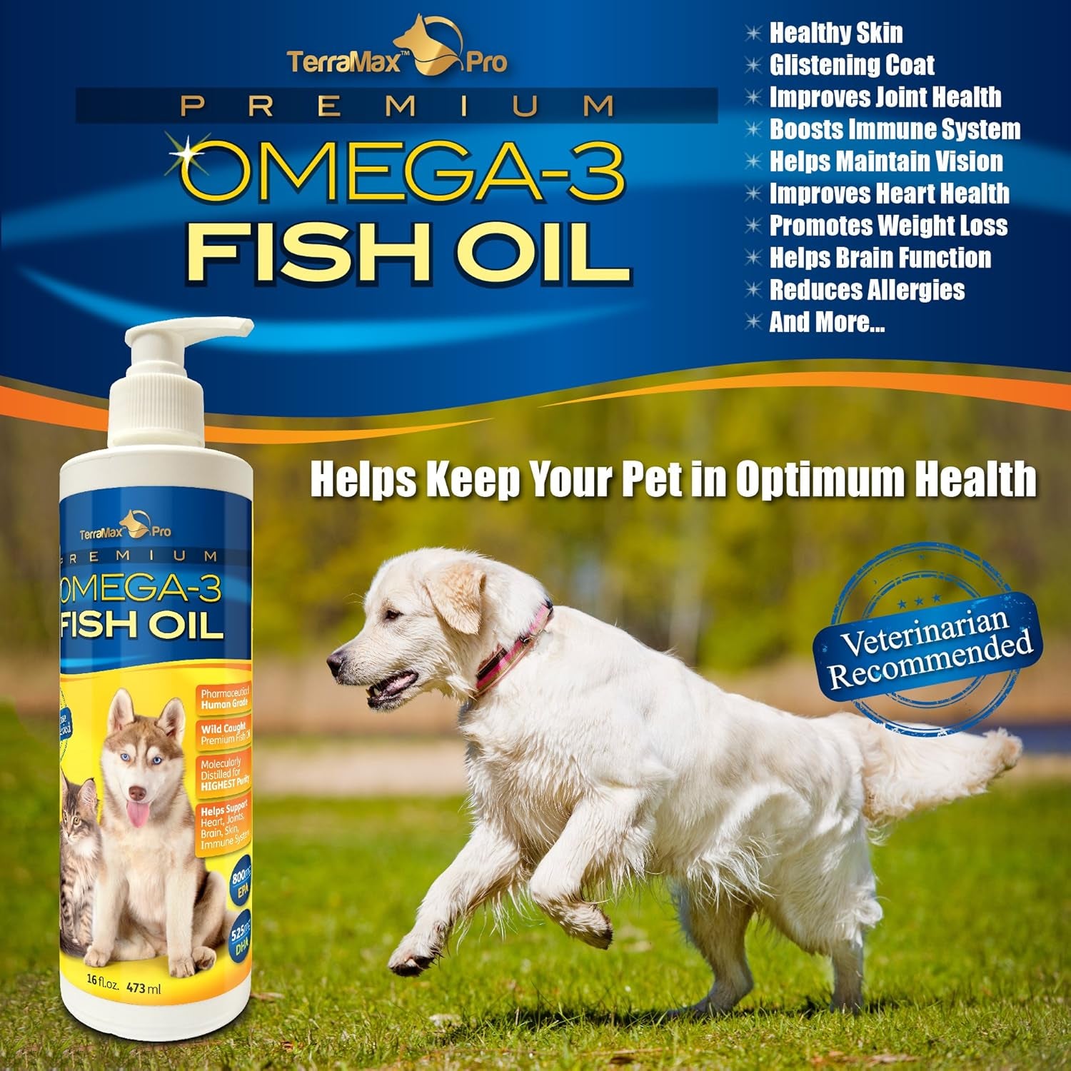 Premium Omega-3 Fish Oil for Dogs and Cats, Liquid, 16 Fl. Oz.