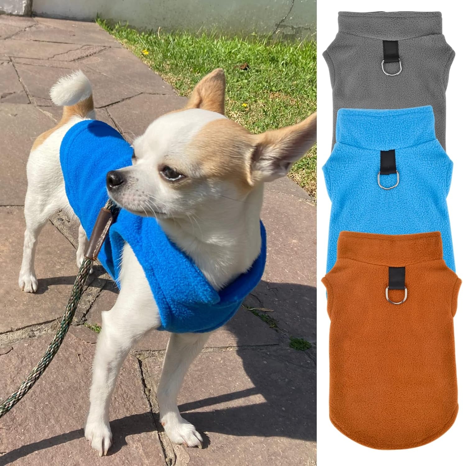 Set of 3 Dog Sweater with Leash Ring ​Fleece Pet Puppy Vest Winter Fall Clothes for Small Dog Boy Male Chihuahua Yorkies, (X-Small, Blue+Brown+Grey)