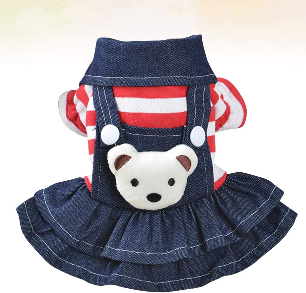 Denim Dog Dress - Cute Red Stripe Plush Bear Pet Skirt, Pet Clothes for Small Medium Large Dogs Puppy, Pet Costumes