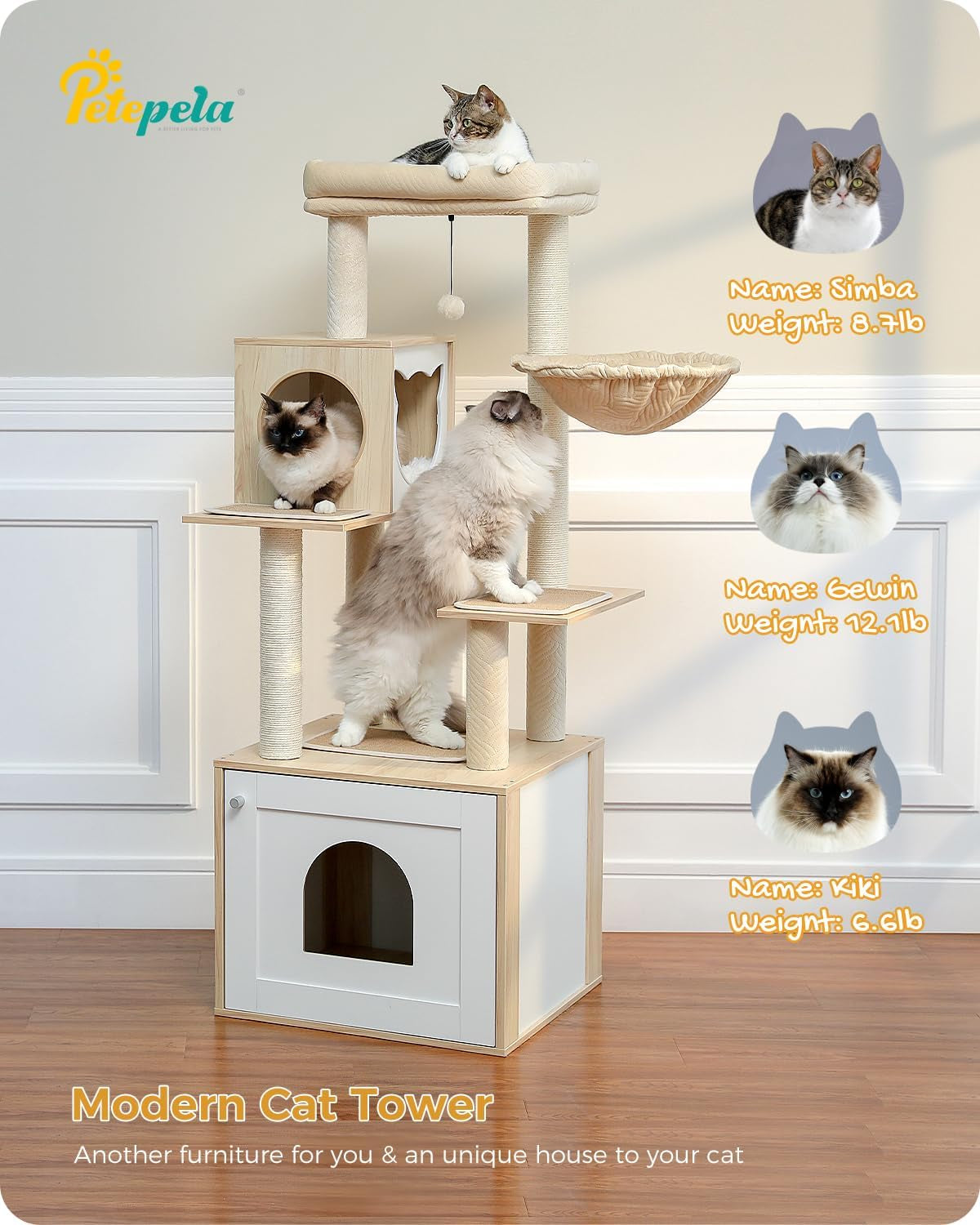 56.7" Cat Tree with Litter Box Enclosure Large, Wood Cat Tower for Indoor Cats with Storage Cabinet and Cozy Cat Condo, Sisal Covered Scratching Post and Repalcable Dangling Balls, Beige