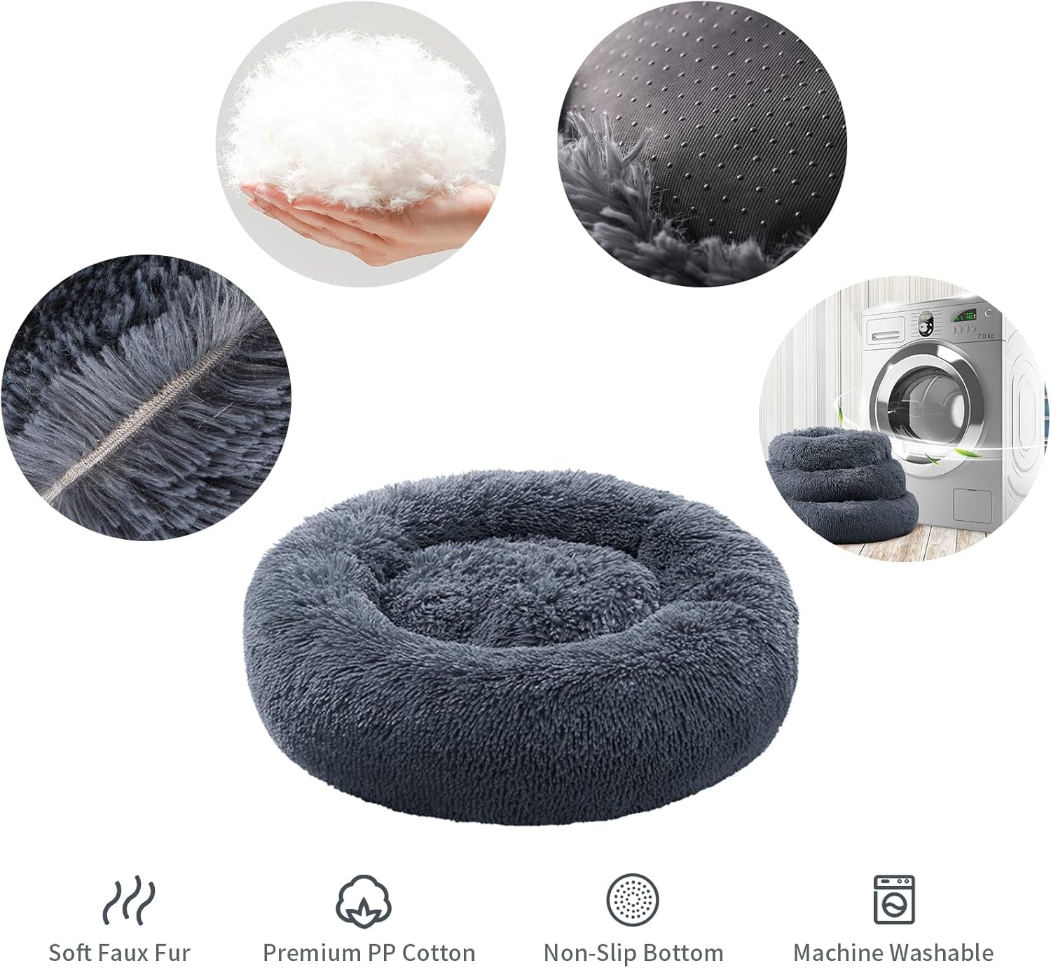 Anti-Anxiety Donut Cat & Dog Bed - Round, Cozy, Soft, Plush, Washable, 20X20Inch Dark Grey