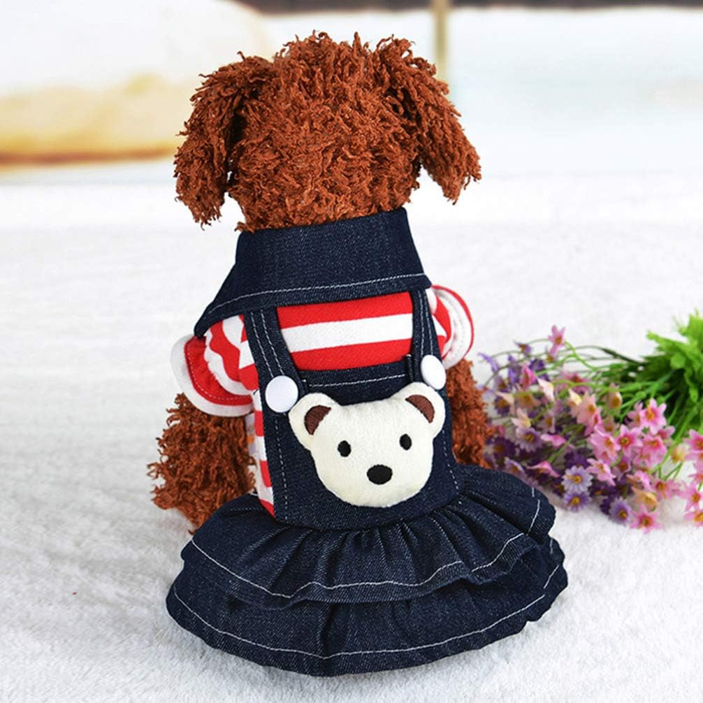 Denim Dog Dress - Cute Red Stripe Plush Bear Pet Skirt, Pet Clothes for Small Medium Large Dogs Puppy, Pet Costumes