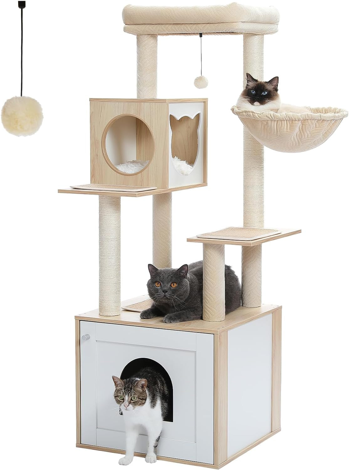 56.7" Cat Tree with Litter Box Enclosure Large, Wood Cat Tower for Indoor Cats with Storage Cabinet and Cozy Cat Condo, Sisal Covered Scratching Post and Repalcable Dangling Balls, Beige