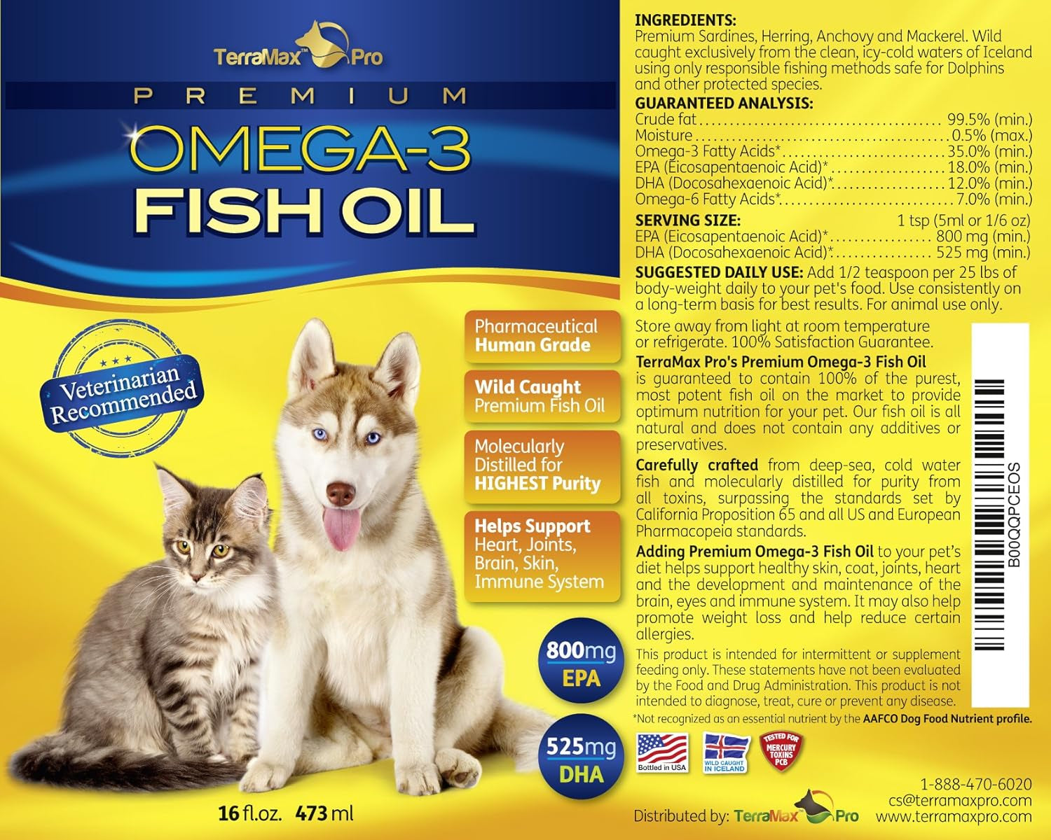 Premium Omega-3 Fish Oil for Dogs and Cats, Liquid, 16 Fl. Oz.