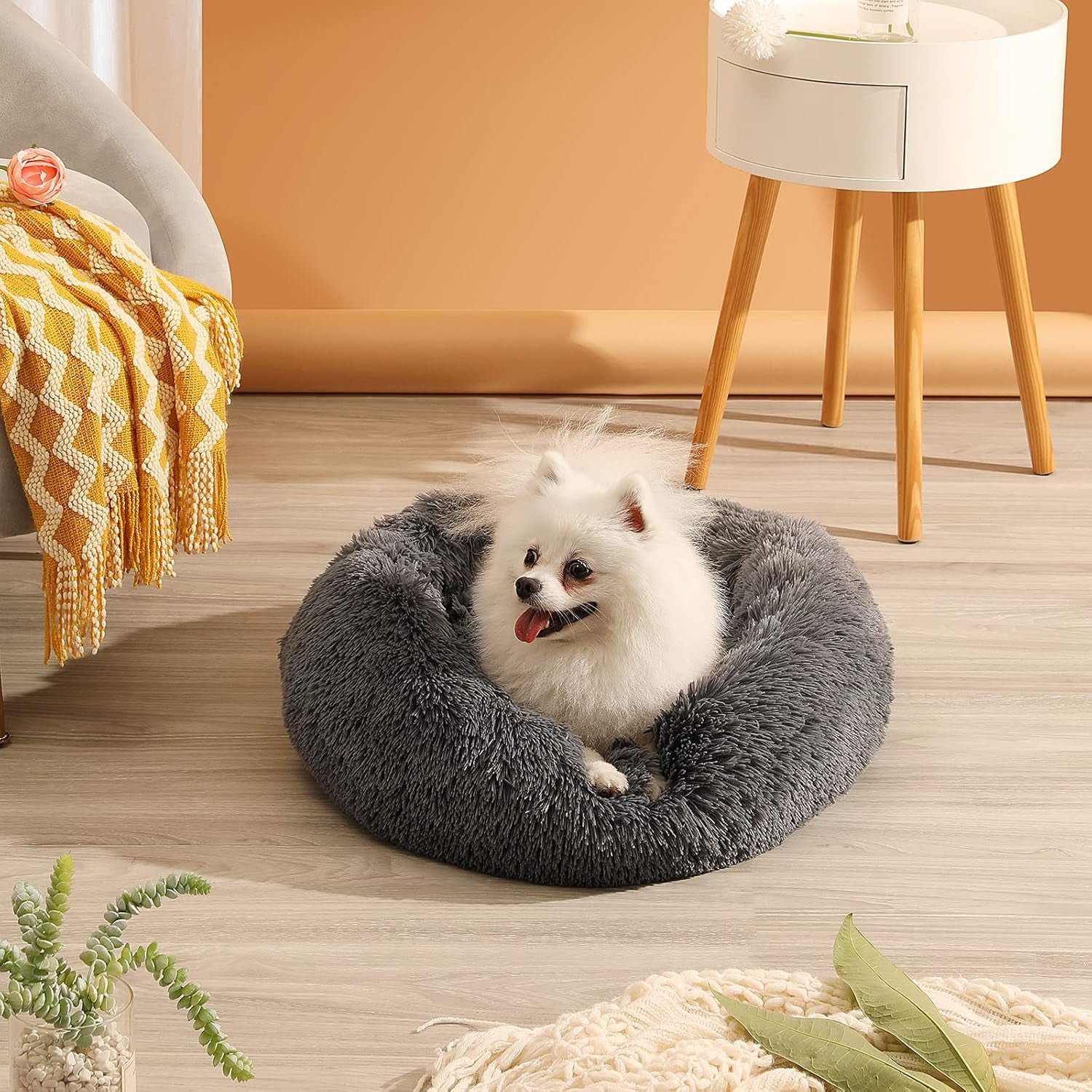 Anti-Anxiety Donut Cat & Dog Bed - Round, Cozy, Soft, Plush, Washable, 20X20Inch Dark Grey