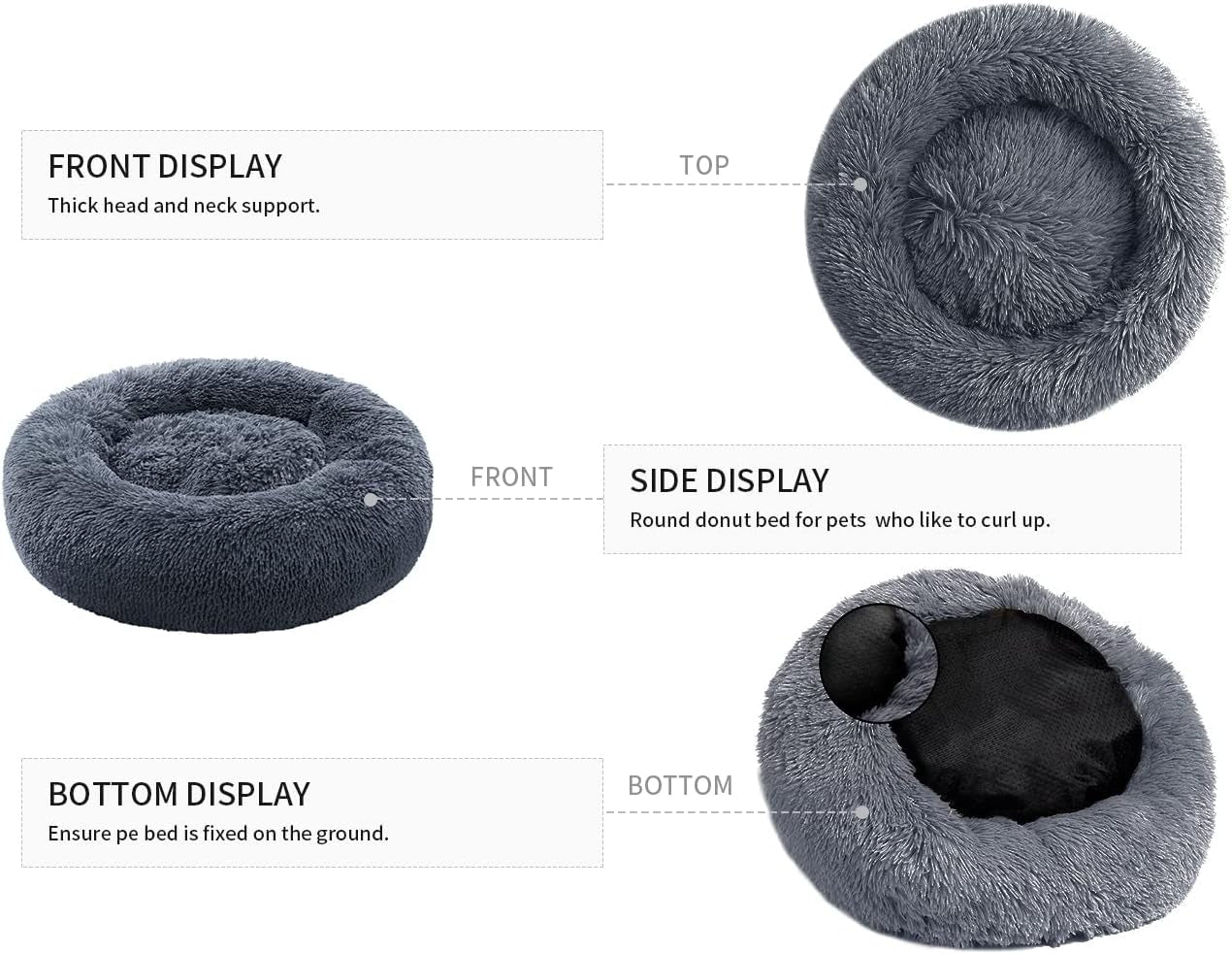 Anti-Anxiety Donut Cat & Dog Bed - Round, Cozy, Soft, Plush, Washable, 20X20Inch Dark Grey