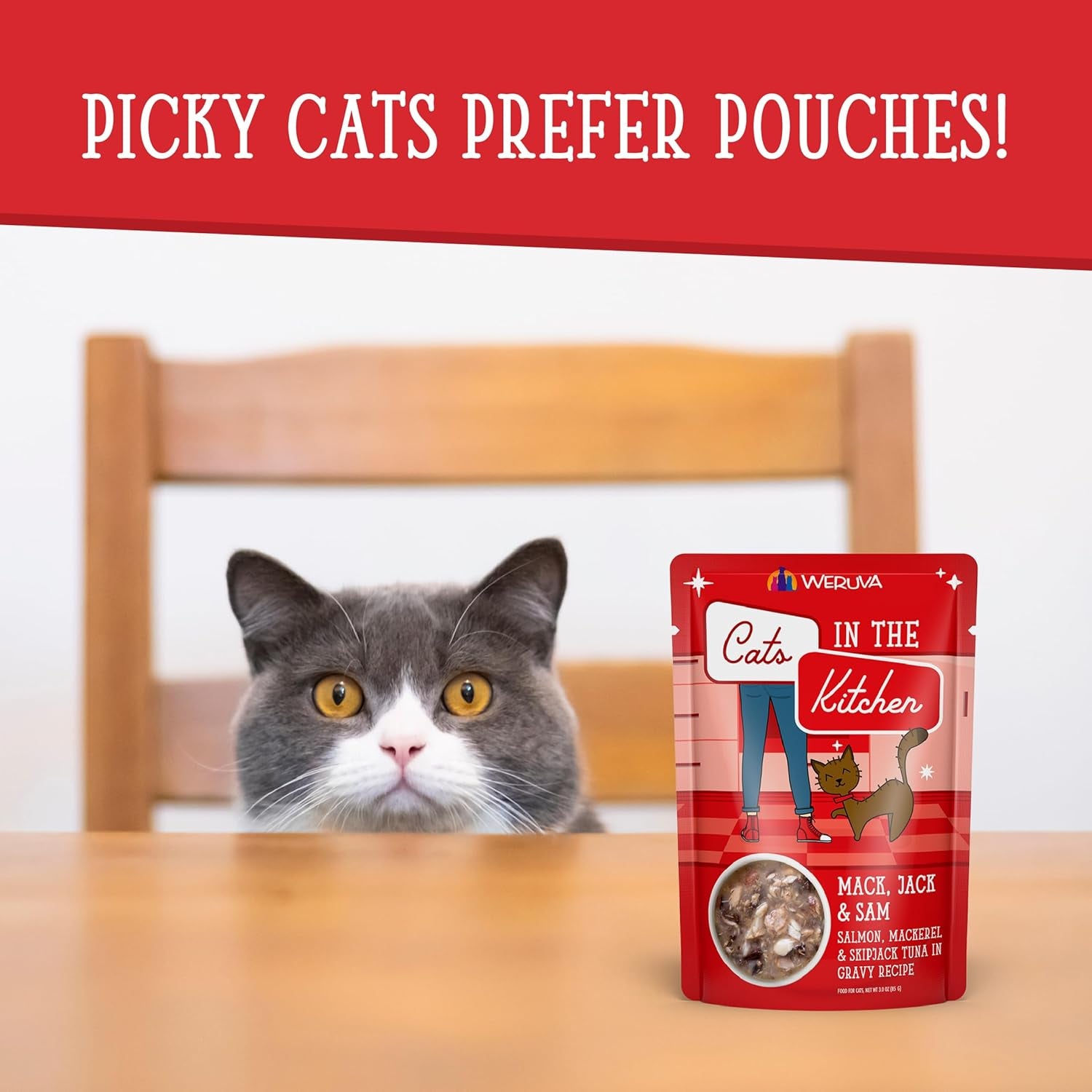 Cats in the Kitchen Mack, Jack & Sam with Mackerel, Skipjack & Salmon in Gravy Cat Food, 3Oz Pouch (Pack of 12)