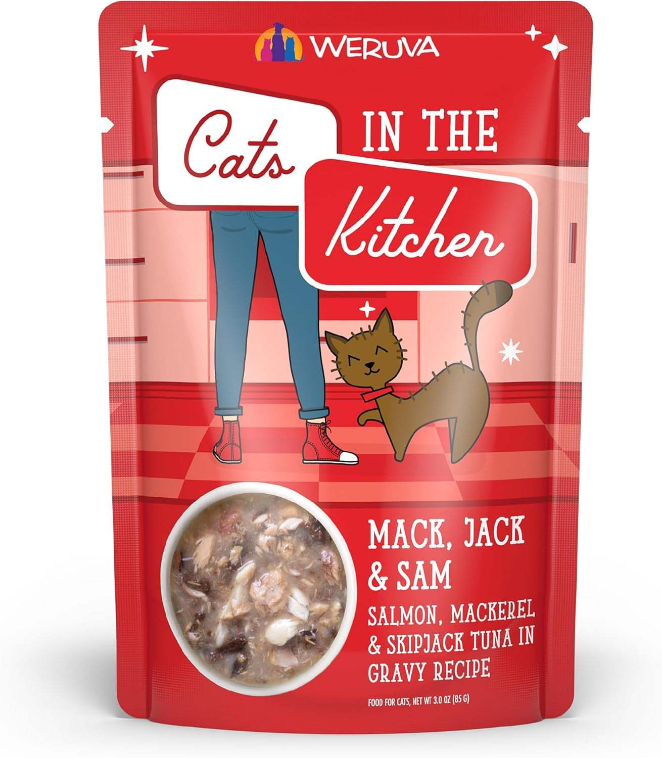 Cats in the Kitchen Mack, Jack & Sam with Mackerel, Skipjack & Salmon in Gravy Cat Food, 3Oz Pouch (Pack of 12)