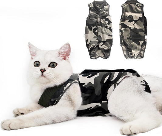 Cat Recovery Suit for Male and Female Surgical Post Surgery Soft Cone Onesie Shirt Clothes Neuter Licking Protective Diapers Outfit Cover Kitten Spay Collar(M, Camouflage)