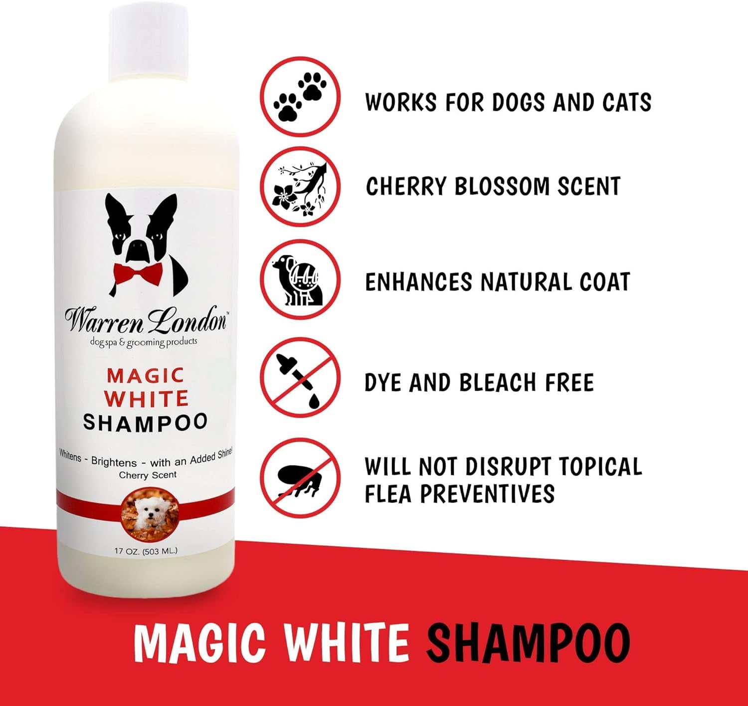 Magic White Dog Shampoo | Whitening Shampoo for White Dogs & Lighter Dog Coats | Puppy and Cat Safe Grooming Supplies | Cherry Scent | Made in USA | 17Oz