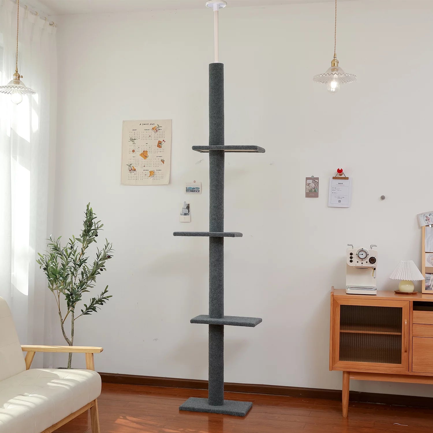 90-107" Floor to Ceiling Cat Tree Tower 4 Tier Tall Cat Climbing Posts Adjustable, Gray