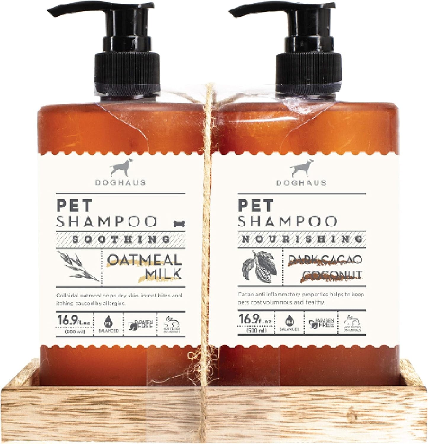 Two-Pack Dog Shampoo | Multi -Scent Pet Shampoo Bottles with Pump on Wooden Storage Tray | Dog Bathing Supplies L Oatmeal and Dark Cacao Coconut Pet Shampoo, 16.9 Fl Oz Each