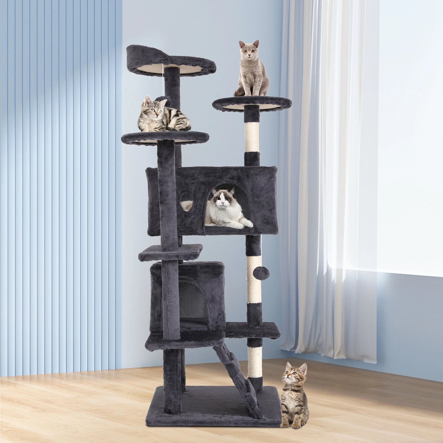 54-In Double Condo Cat Tree Tower Playhouse with Scratching Post & Perch for Indoor, Ashy