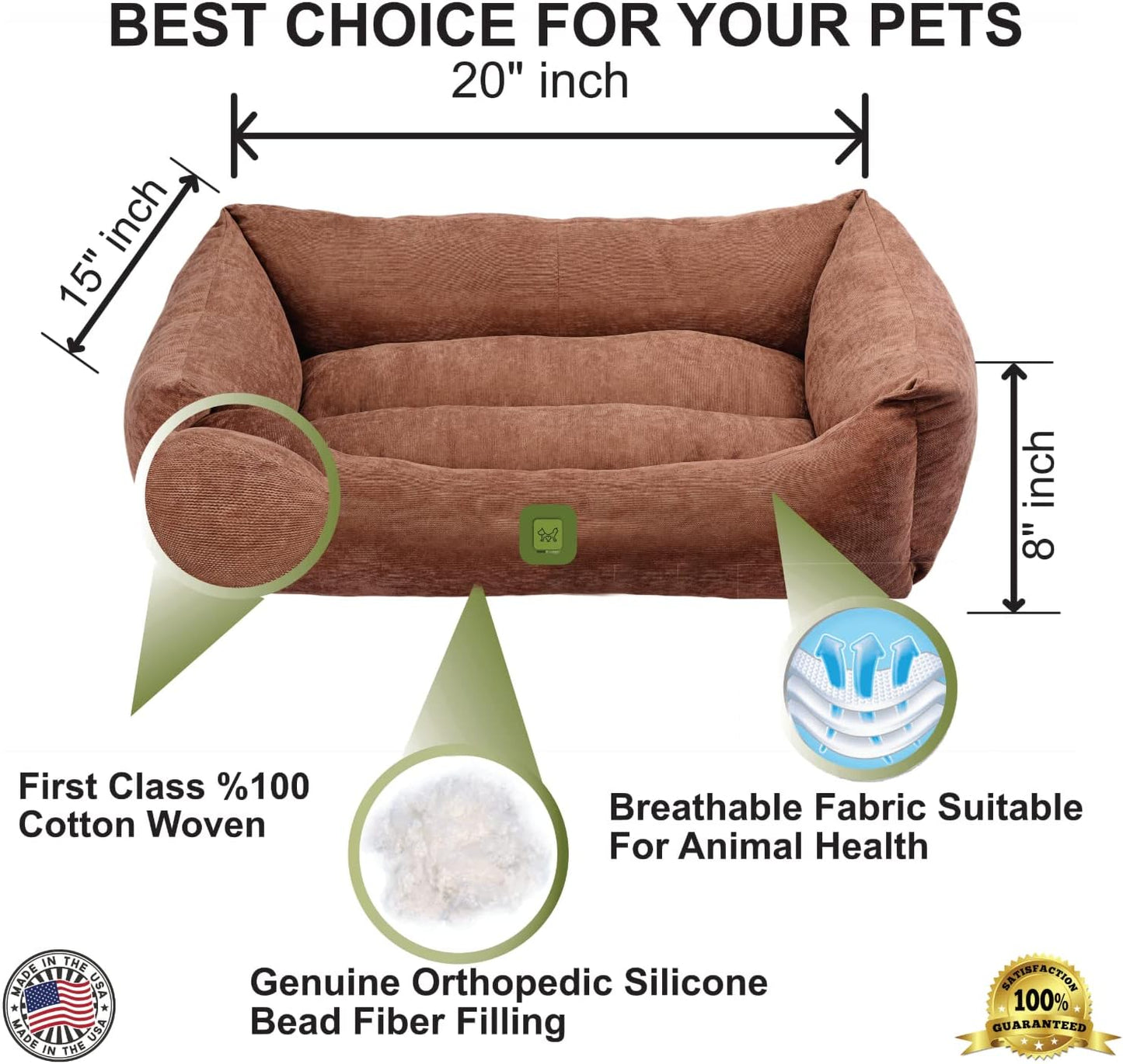 Calming Dog and Cat Bed, Orthopedic Dog Bed, Washable Pet Bed, Dog Bed for Large Dogs, Breathable Fabric, Fiber Filled Pet Bed, Cheerful Colors, Bed for Small and Medium Dogs, (25X18X9, Brown)