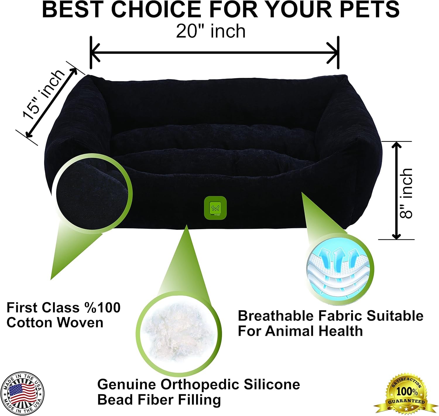 Calming Dog and Cat Bed, Orthopedic Washable Pet Bed for Large Dogs, Breathable Fabric, Fiber Filled Cheerful Colors, Small Medium (20X15X8, Black)