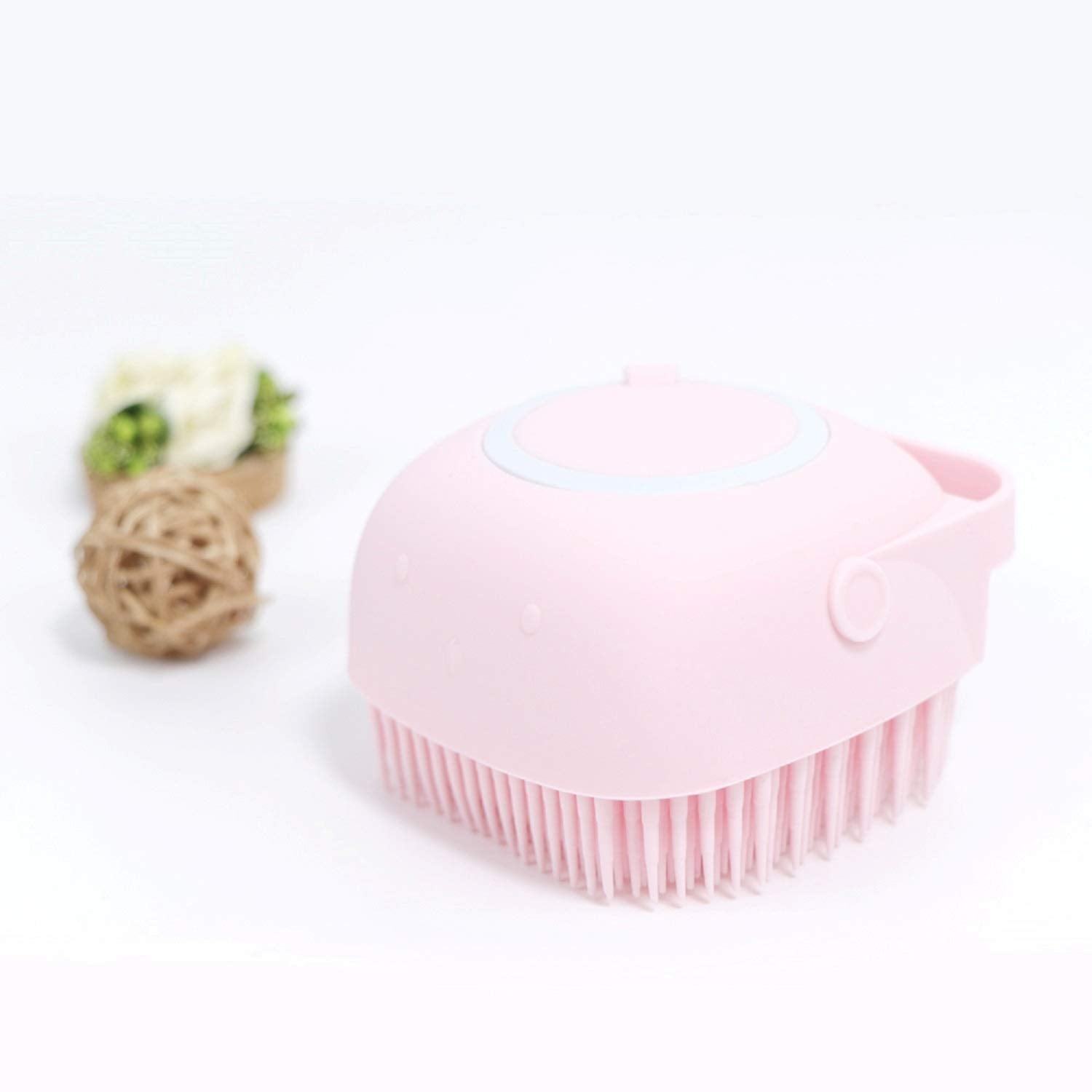 Dogs and Cats Bath Brush Holding Large Capacity Shampoo Silicone Bristles Perfect for Washing, Massaging, Remove Loose Fur for All Dog Cat Coat Types (Pink)