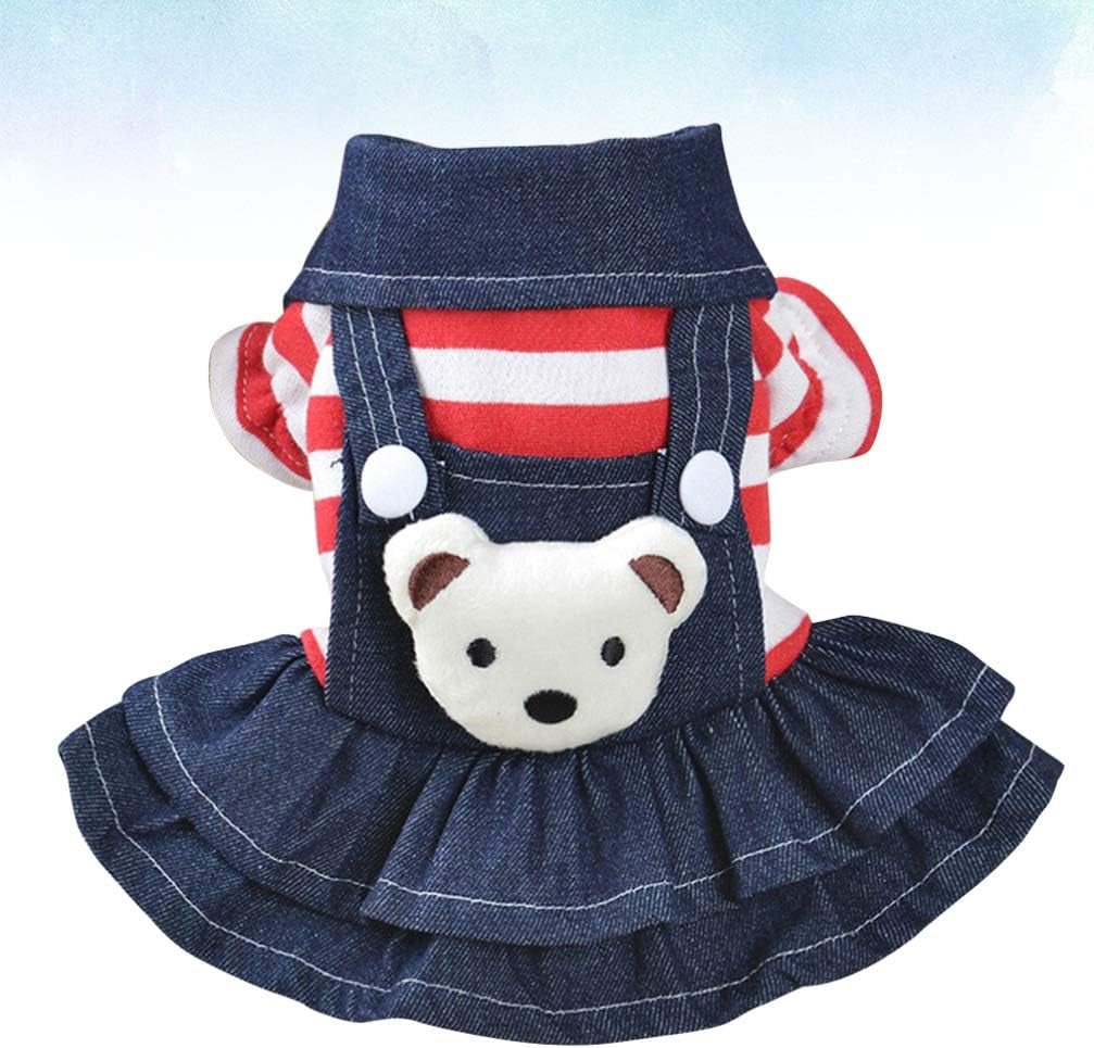 Denim Dog Dress - Cute Red Stripe Plush Bear Pet Skirt, Pet Clothes for Small Medium Large Dogs Puppy, Pet Costumes