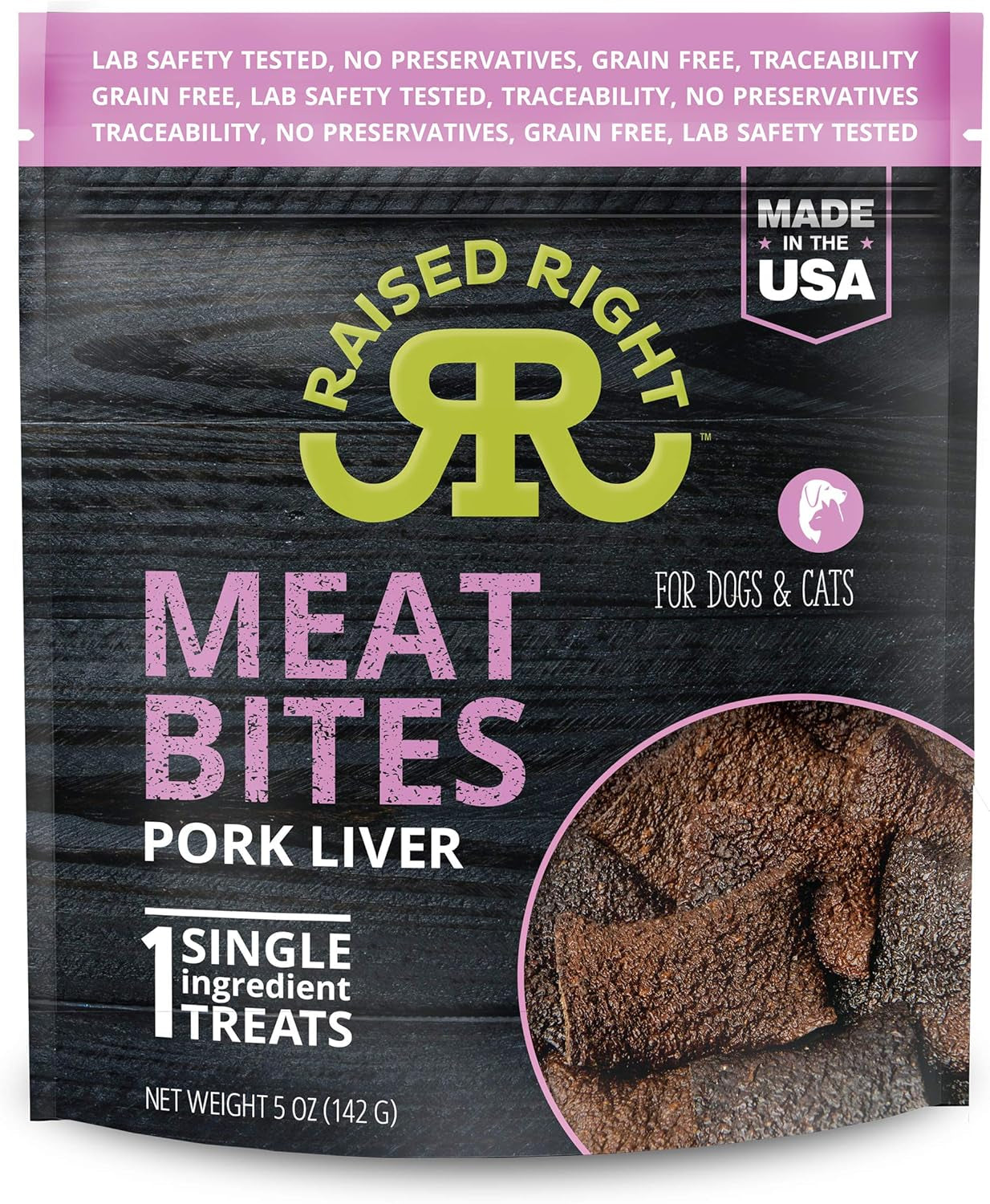 Raised Right Pork Meat Bites, Single Ingredient Liver Treats for Dogs & Cats - 5 Oz. Bag