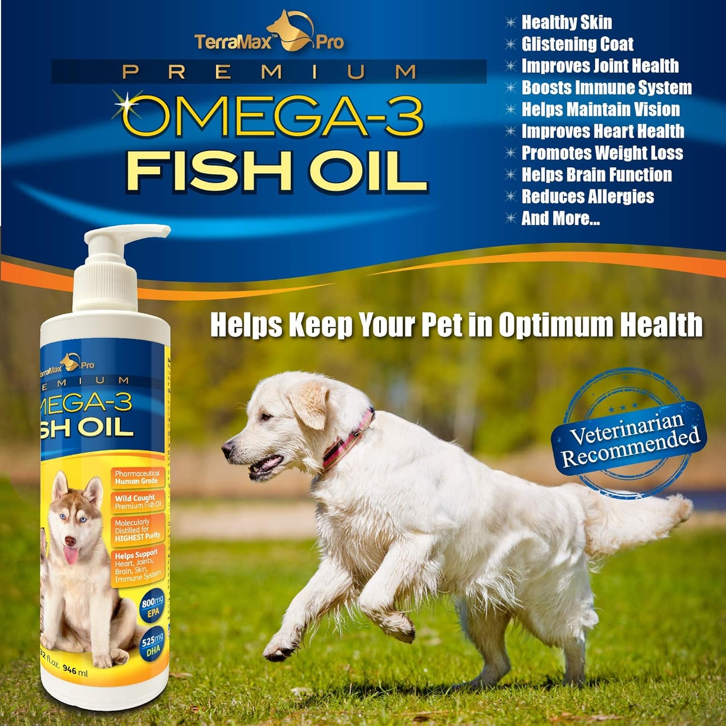 Premium Omega-3 Fish Oil for Dogs and Cats, Liquid, 32 Fl. Oz.