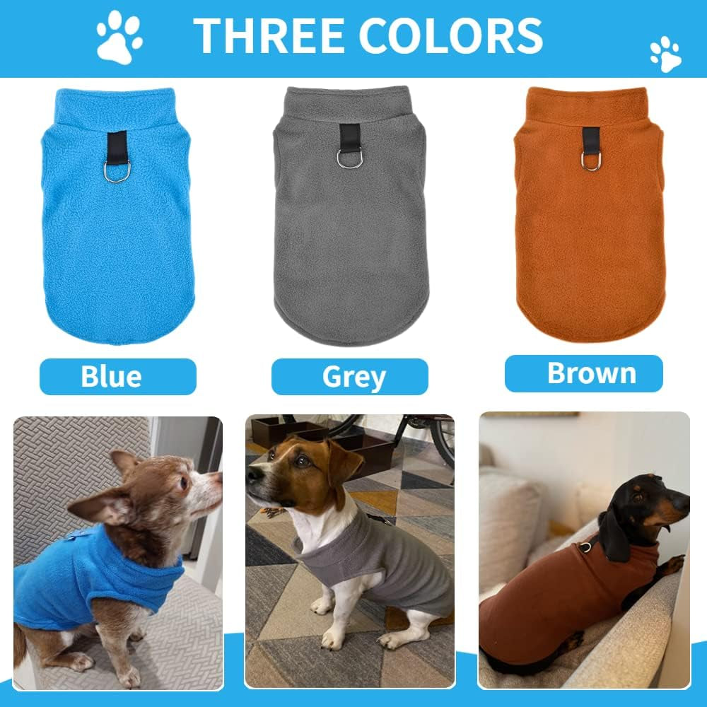 Set of 3 Dog Sweater with Leash Ring ​Fleece Pet Puppy Vest Winter Fall Clothes for Small Dog Boy Male Chihuahua Yorkies, (X-Small, Blue+Brown+Grey)