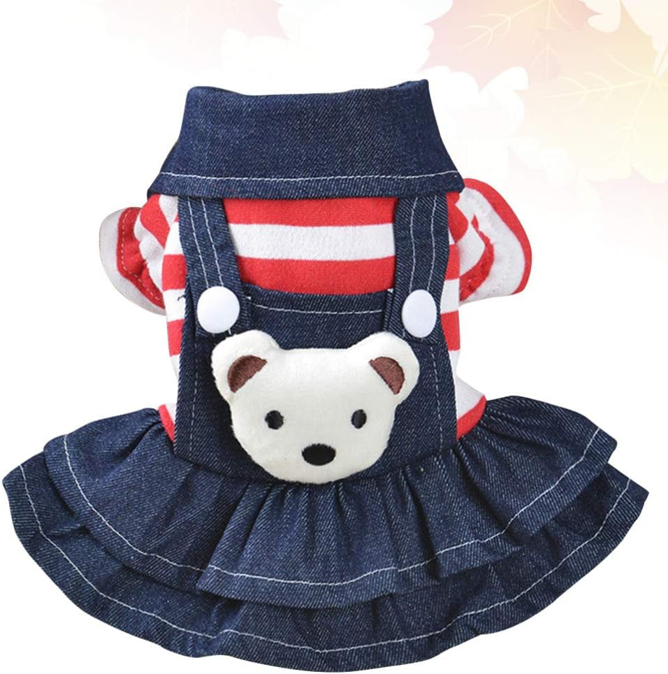 Denim Dog Dress - Cute Red Stripe Plush Bear Pet Skirt, Pet Clothes for Small Medium Large Dogs Puppy, Pet Costumes