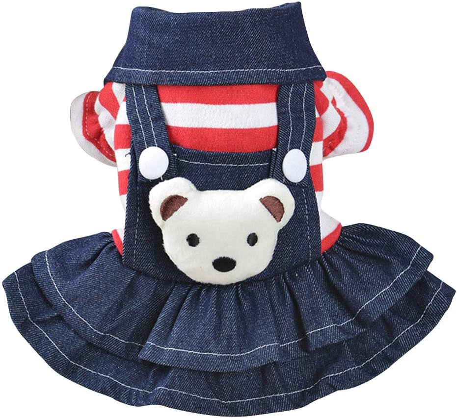 Denim Dog Dress - Cute Red Stripe Plush Bear Pet Skirt, Pet Clothes for Small Medium Large Dogs Puppy, Pet Costumes