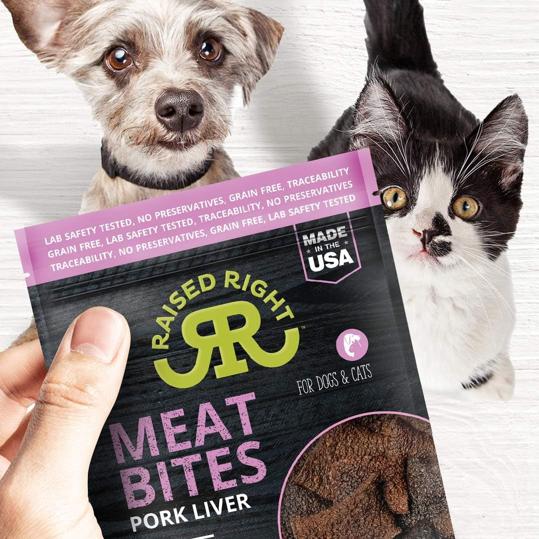 Raised Right Pork Meat Bites, Single Ingredient Liver Treats for Dogs & Cats - 5 Oz. Bag