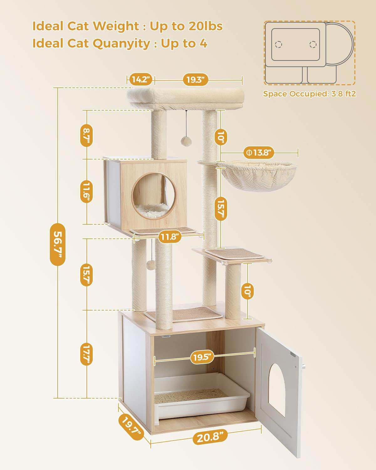 56.7" Cat Tree with Litter Box Enclosure Large, Wood Cat Tower for Indoor Cats with Storage Cabinet and Cozy Cat Condo, Sisal Covered Scratching Post and Repalcable Dangling Balls, Beige