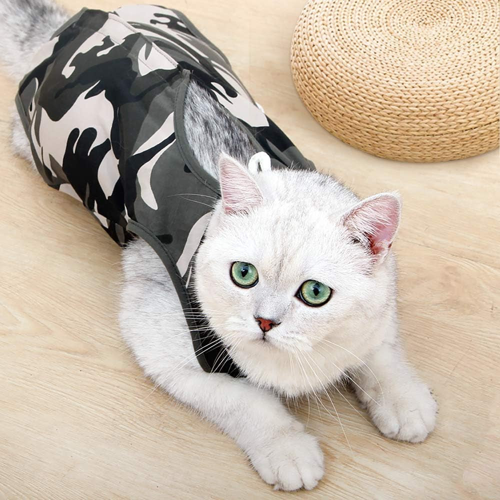 Cat Recovery Suit for Male and Female Surgical Post Surgery Soft Cone Onesie Shirt Clothes Neuter Licking Protective Diapers Outfit Cover Kitten Spay Collar(M, Camouflage)