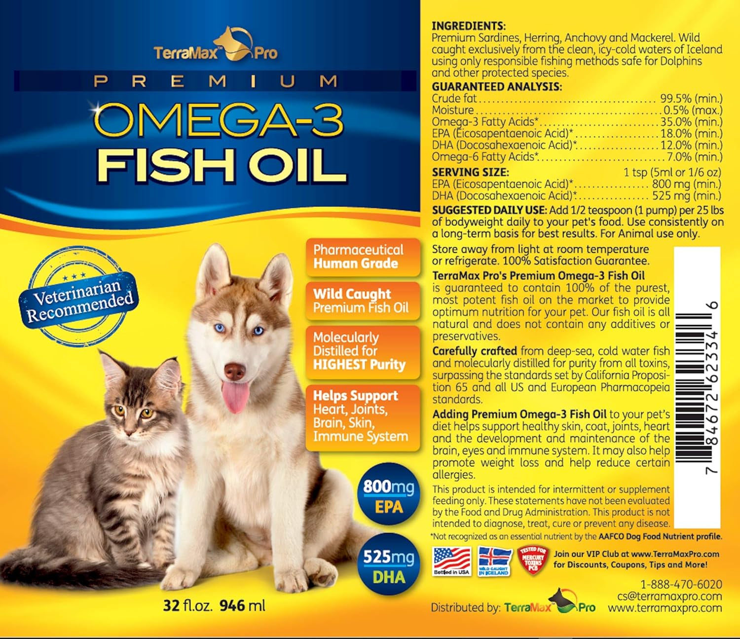 Premium Omega-3 Fish Oil for Dogs and Cats, Liquid, 32 Fl. Oz.