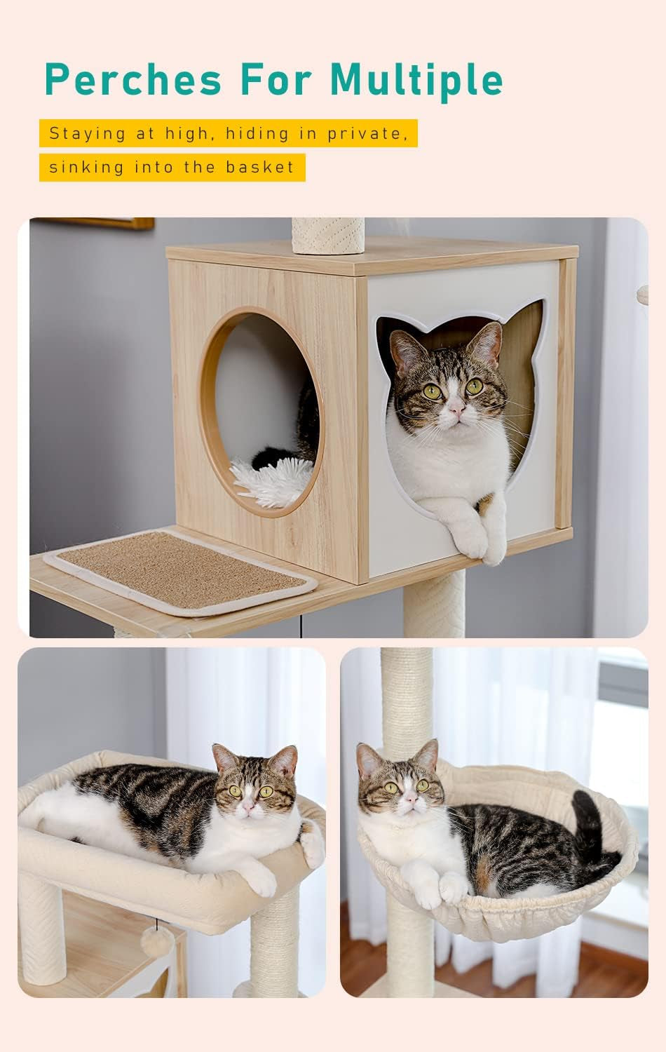 56.7" Cat Tree with Litter Box Enclosure Large, Wood Cat Tower for Indoor Cats with Storage Cabinet and Cozy Cat Condo, Sisal Covered Scratching Post and Repalcable Dangling Balls, Beige