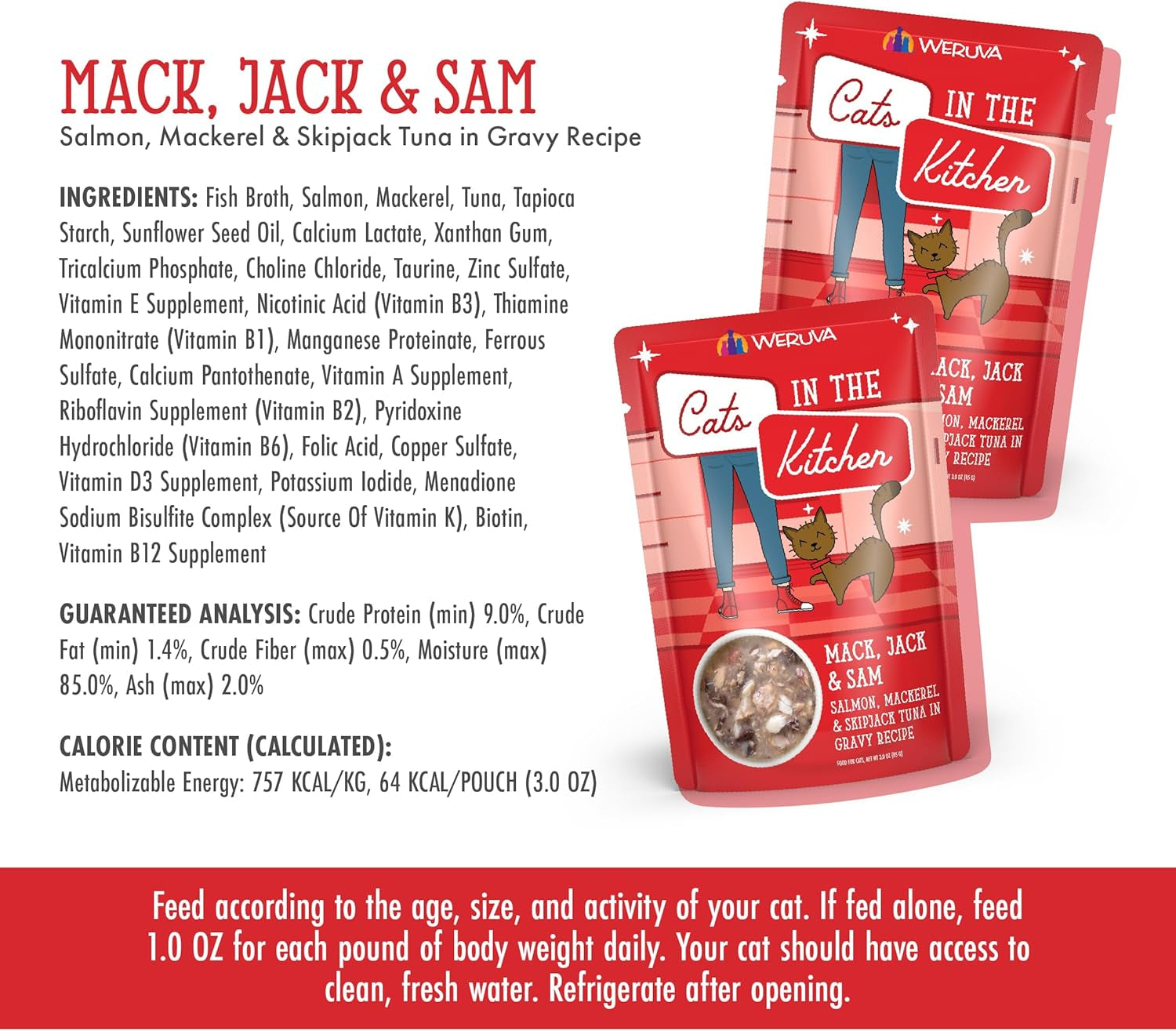 Cats in the Kitchen Mack, Jack & Sam with Mackerel, Skipjack & Salmon in Gravy Cat Food, 3Oz Pouch (Pack of 12)