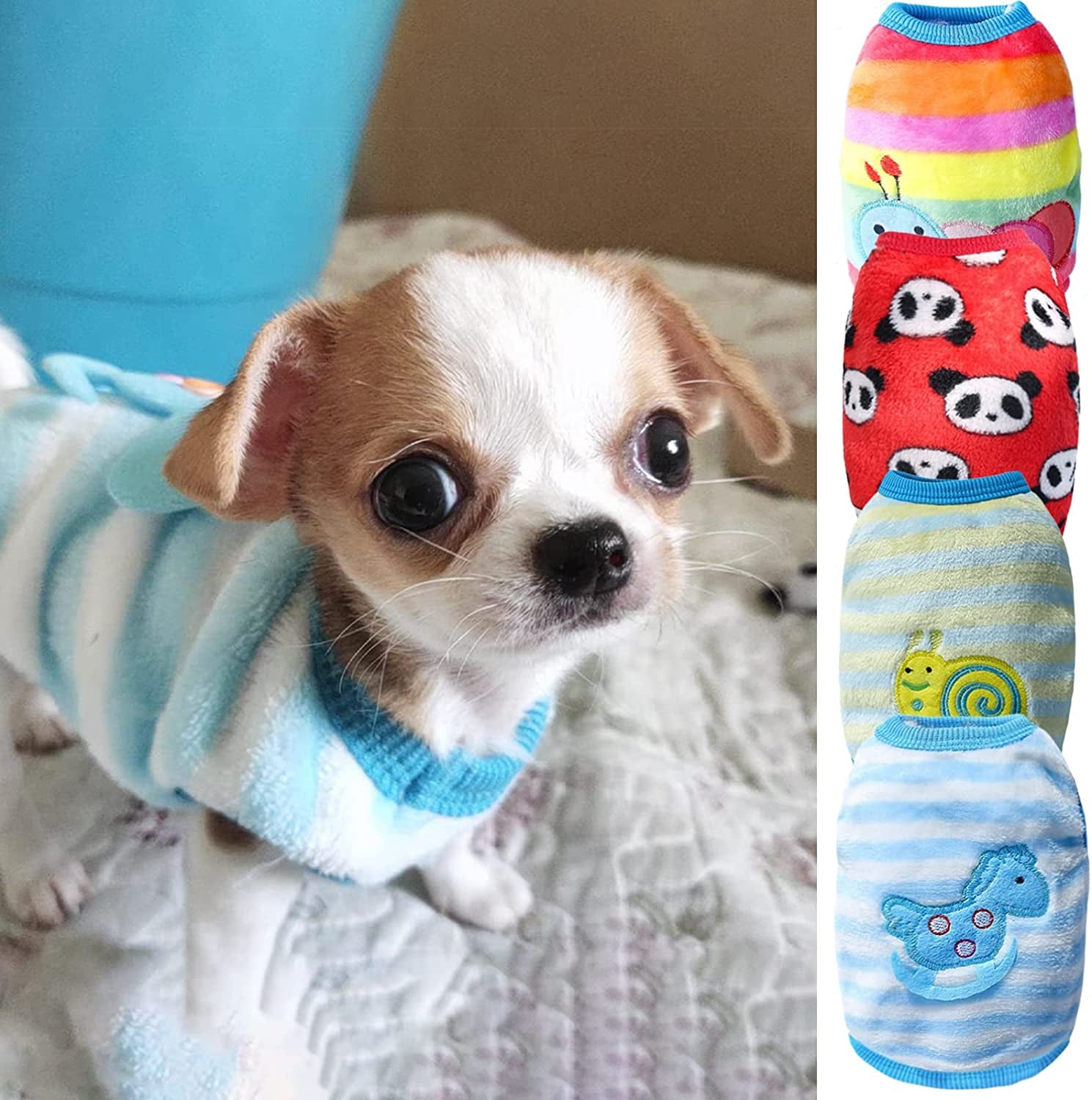 Fall Dog Clothes for Small Dog Boy Winter Puppy Sweaters for Small Dogs Chihuahua Male Pet Warm Fleece Shirt Cat Clothing Outfits Vest XXS ~ XL,4 Pack (Xx-Small, Caterpillar+Horse+Snails+Panda)