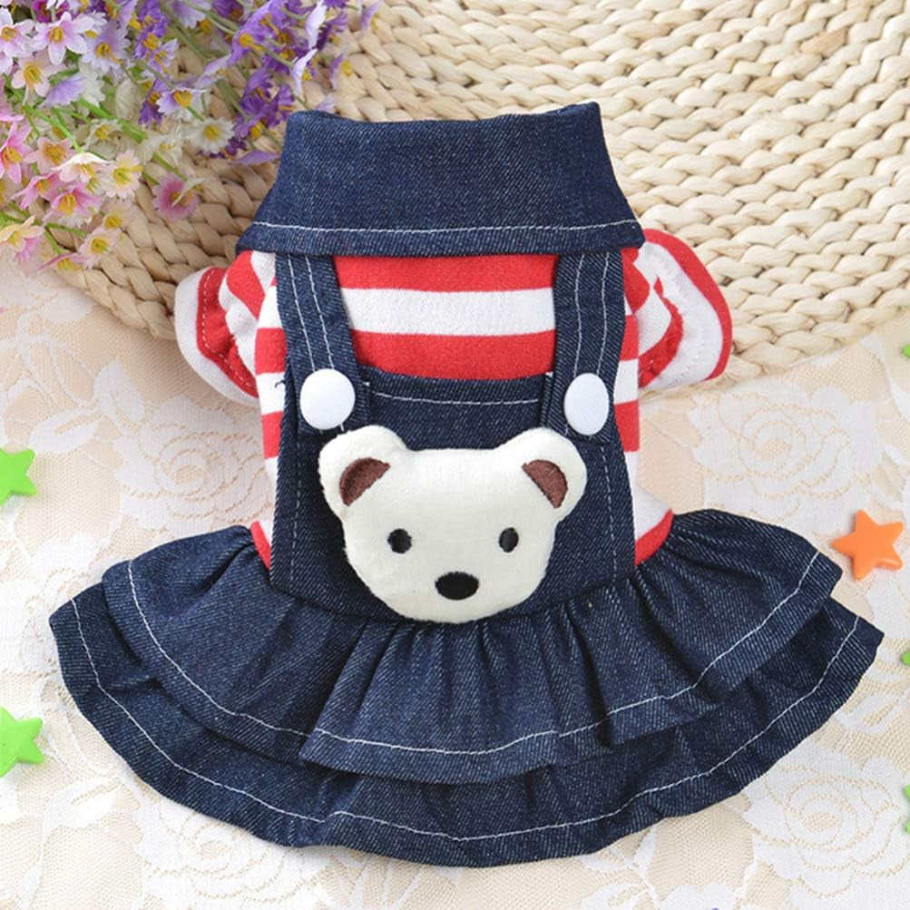 Denim Dog Dress - Cute Red Stripe Plush Bear Pet Skirt, Pet Clothes for Small Medium Large Dogs Puppy, Pet Costumes