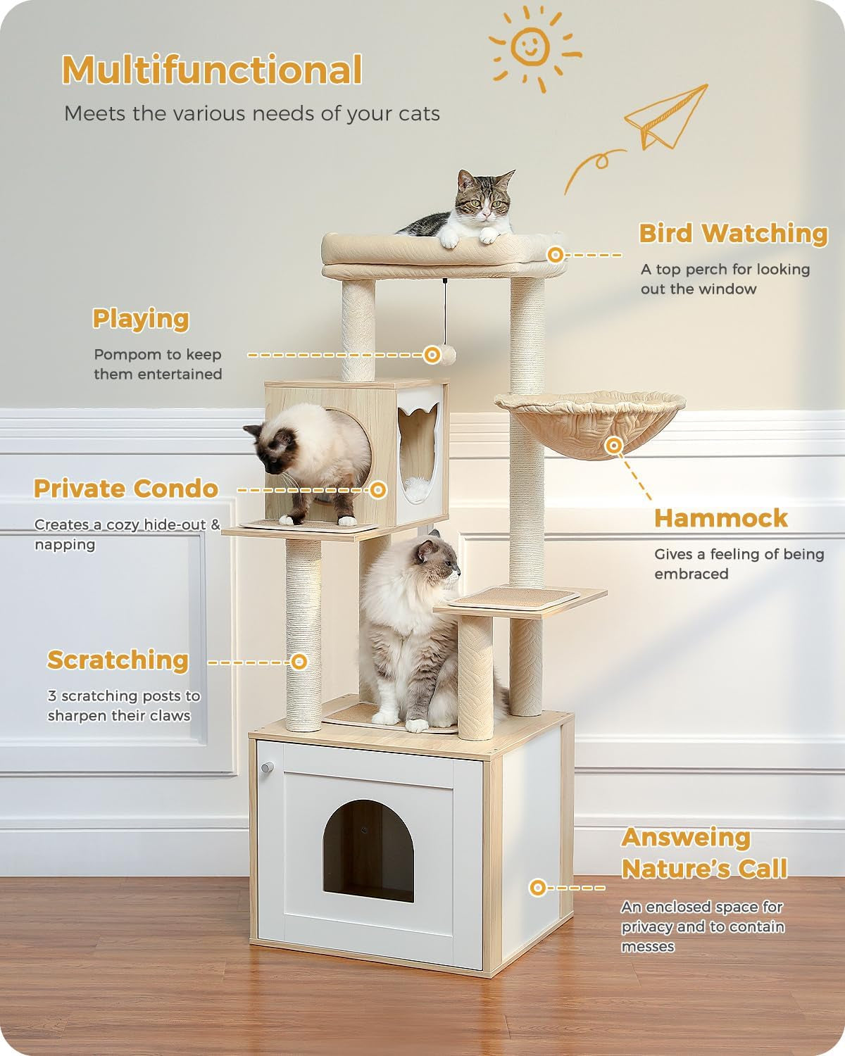 56.7" Cat Tree with Litter Box Enclosure Large, Wood Cat Tower for Indoor Cats with Storage Cabinet and Cozy Cat Condo, Sisal Covered Scratching Post and Repalcable Dangling Balls, Beige