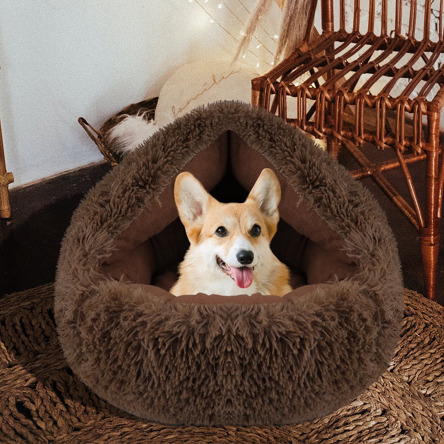 Round Dog Cave Bed - Self Warming Dog Bed, Pet Bed, Cat Bed, Pet House for Small Dogs Cats, Brown