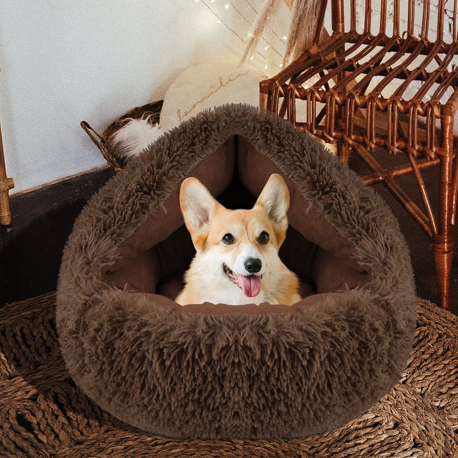 Round Dog Cave Bed - Self Warming Dog Bed, Pet Bed, Cat Bed, Pet House for Small Dogs Cats, Brown